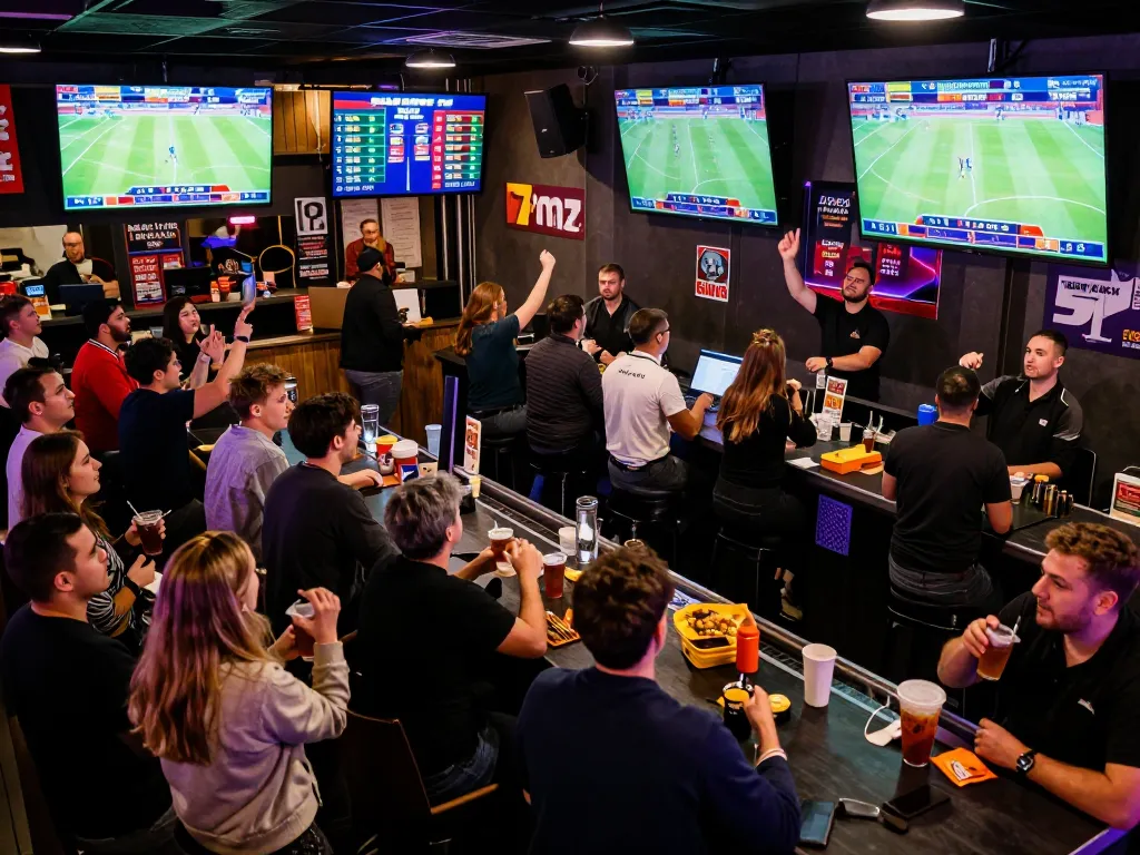 Experience the thrill of live sports betting with 7mz in an energetic sports bar atmosphere.