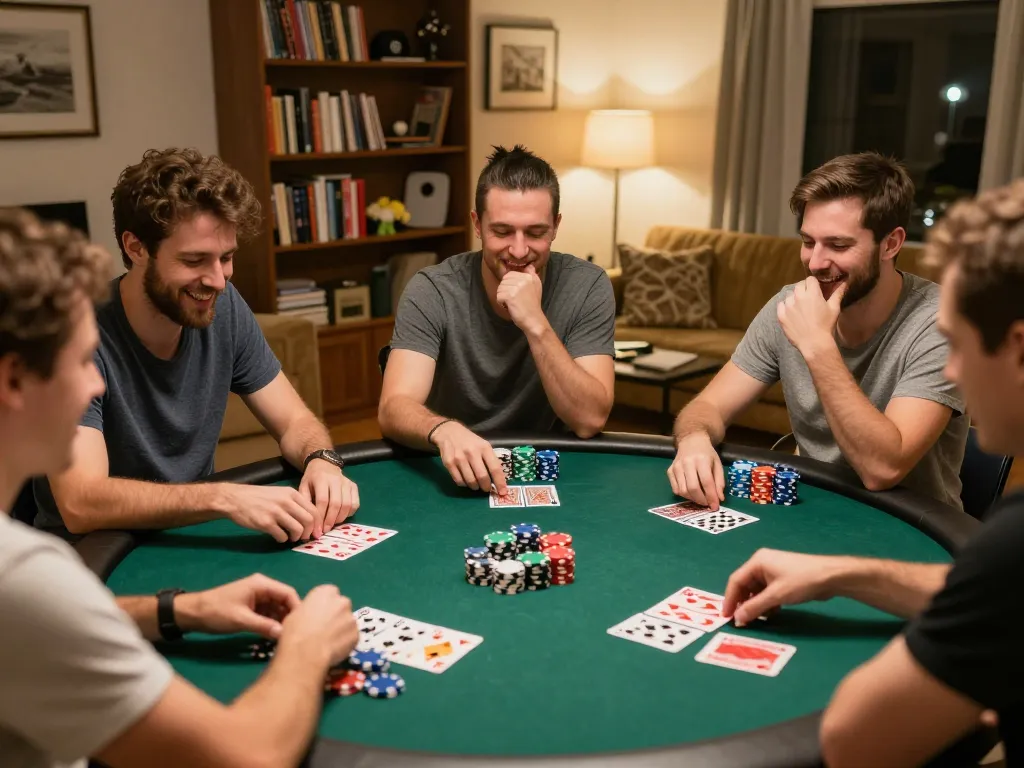 Friends enjoying poker night at home while using lc88app for strategic gameplay