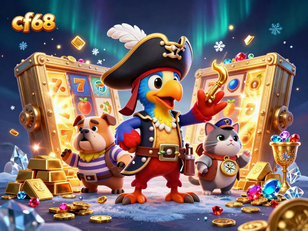 Play exciting games at cf68 with vibrant slot reels and treasure elements in a dynamic casino scene.