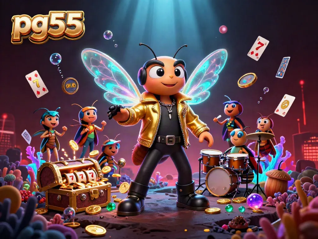 Experience the excitement of pg55 casino with vibrant characters and gambling elements in a 3D illustration.