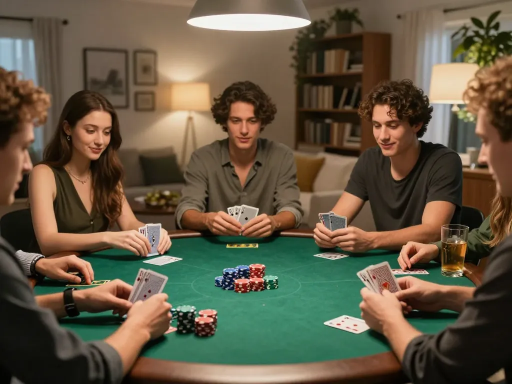 Friends playing poker at home with excitement and strategy in the atmosphere, highlighting sc88.