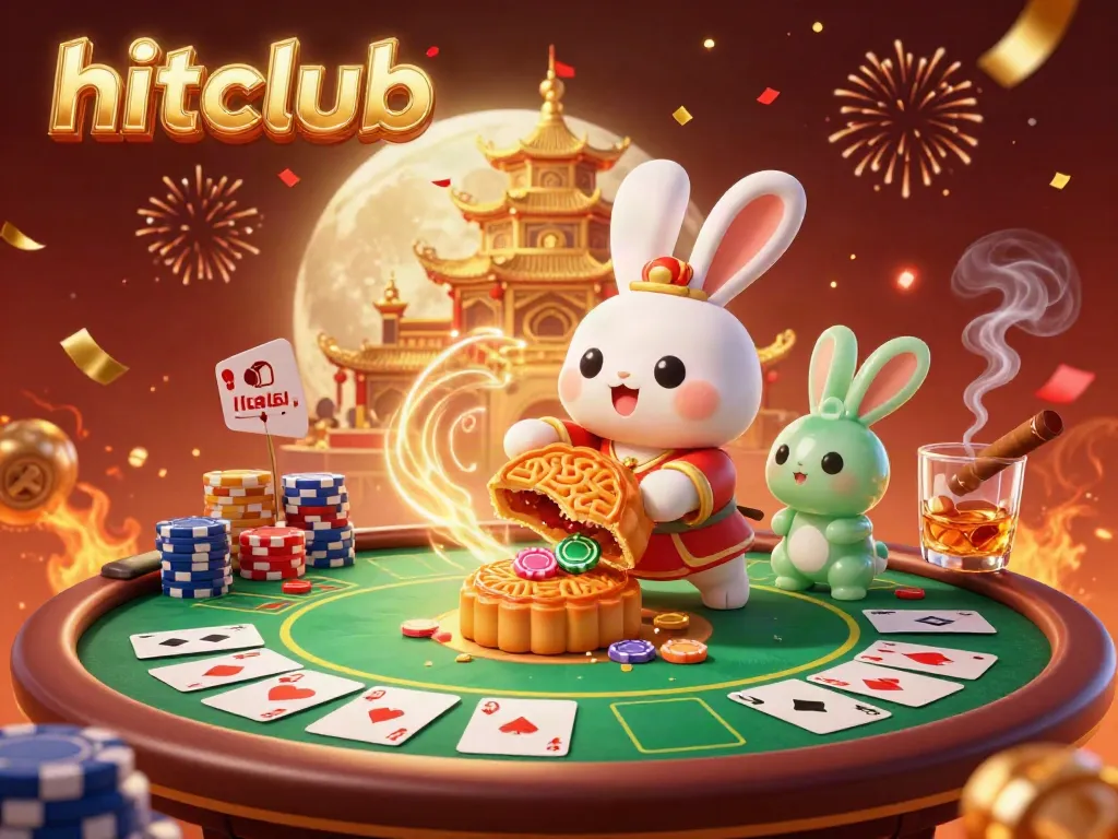 hitclub illustration of a moon rabbit creating poker chip-filled mooncakes, surrounded by dynamic casino elements.