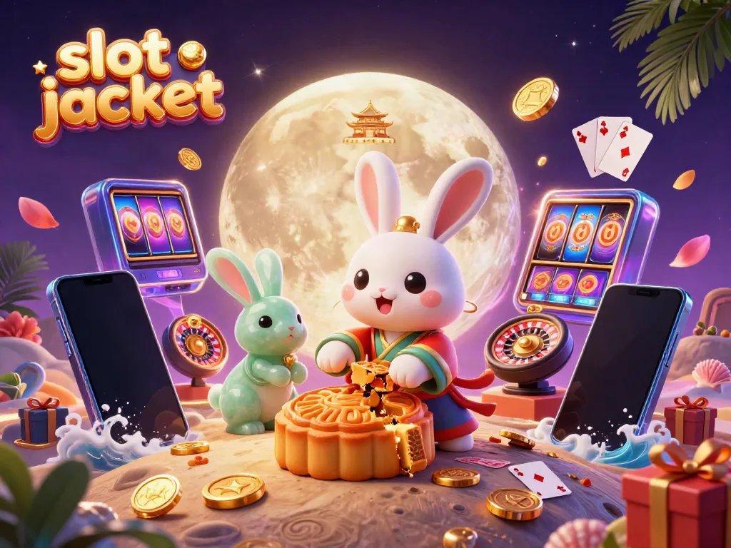 Experience the thrill of hitting a slot jackpot with a fantasy scene of a moon rabbit and poker elements.