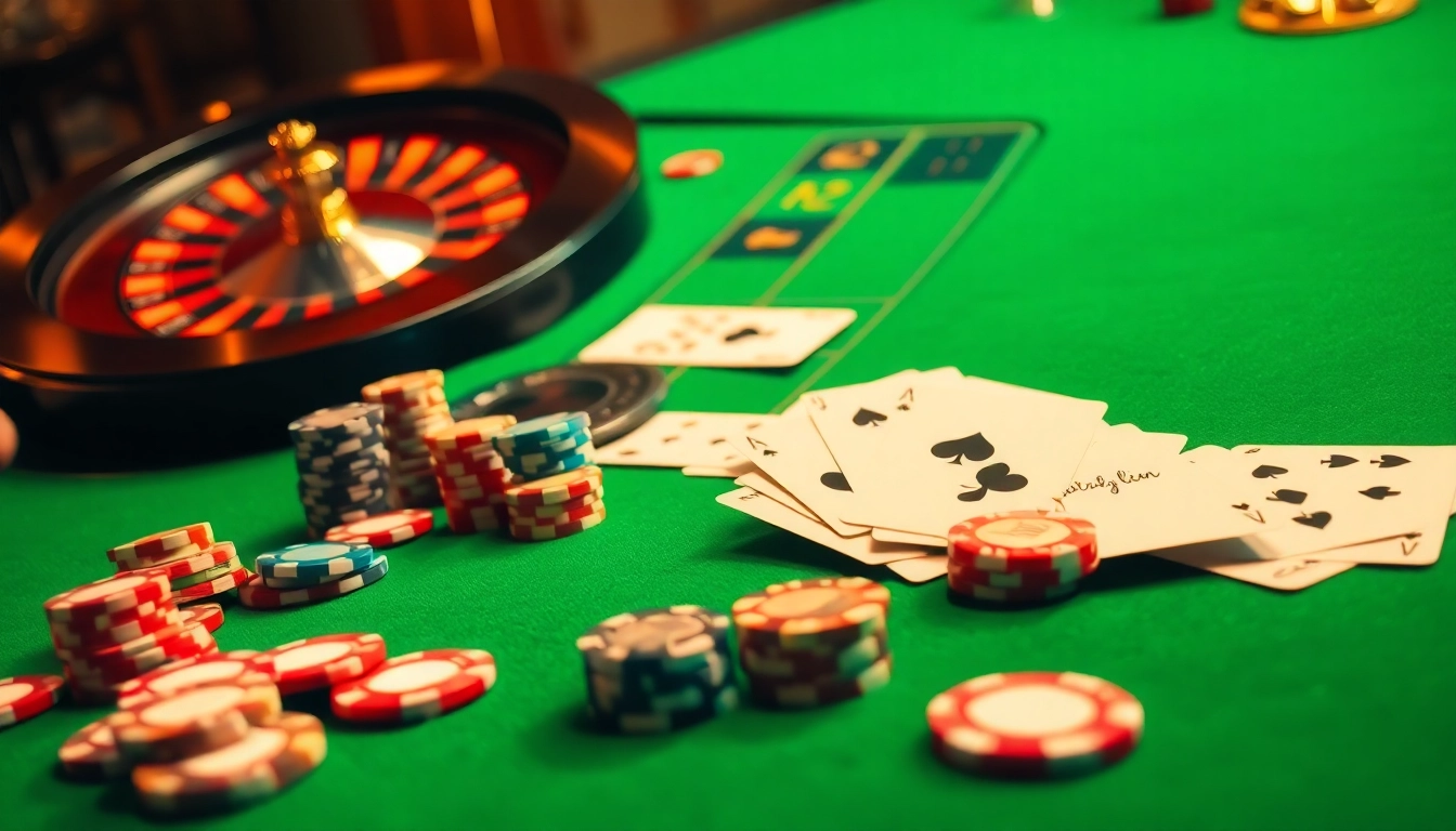 Experience high-stakes action at the tg88 casino with vibrant poker chips and roulette wheel in a luxurious setting.
