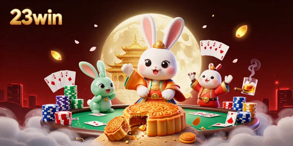 Engage with 23win's dynamic casino scene featuring a moon rabbit revealing poker chips on the lunar surface.