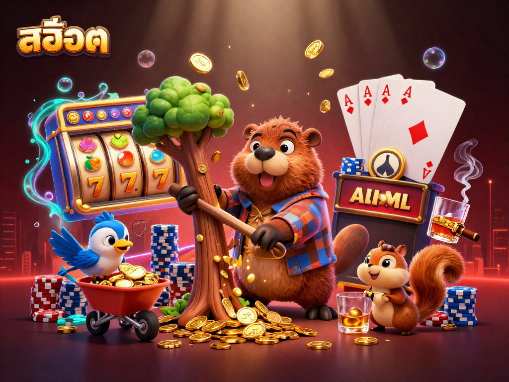 Spin the slot reels with สล็อต symbols and colorful characters collecting golden coins in a vibrant casino scene.