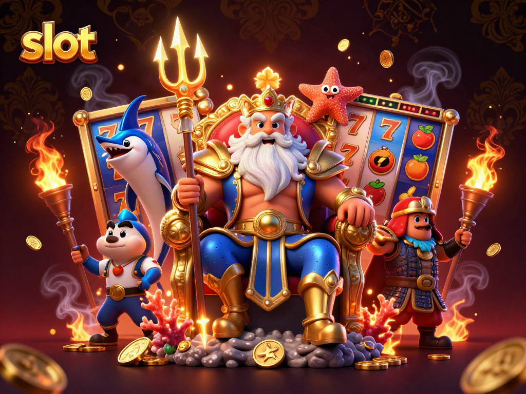 Spin the slot reels featuring Neptune and a samurai with lucky symbols and gold coins