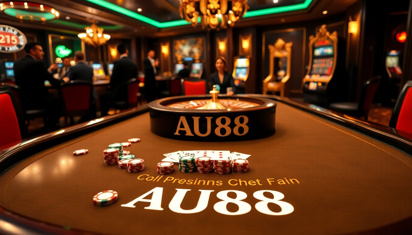 Players engaging in an exciting poker game at the AU88 branded table, showcasing vibrant casino elements.
