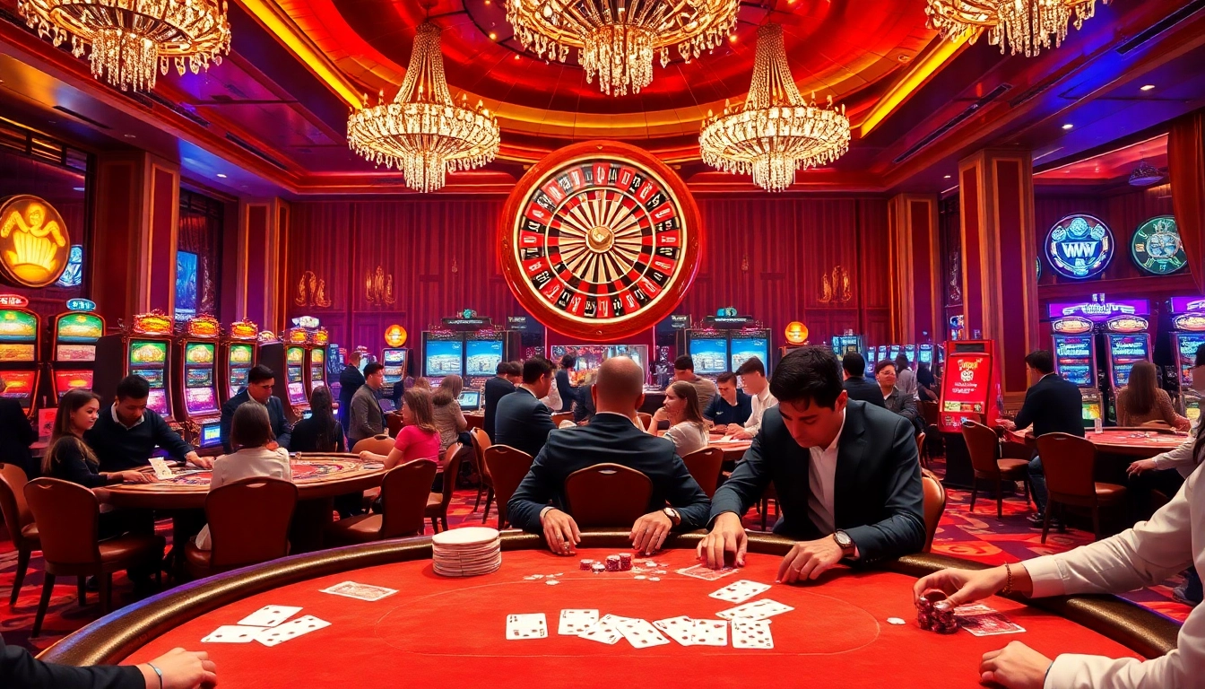 Exciting gaming action at Nhà cái DA88 casino featuring poker tables, roulette wheels, and high-stakes gamblers.