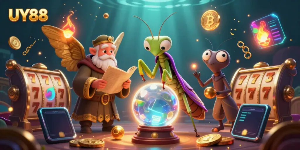 Experience the magic of UY88 with cartoon fortune teller in a vibrant casino scene.