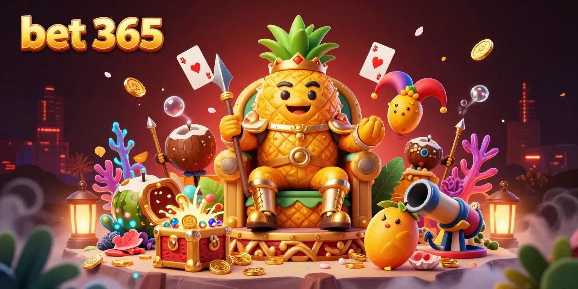 Engage in thrilling casino action with bet 365 featuring a golden pineapple king and vibrant characters.