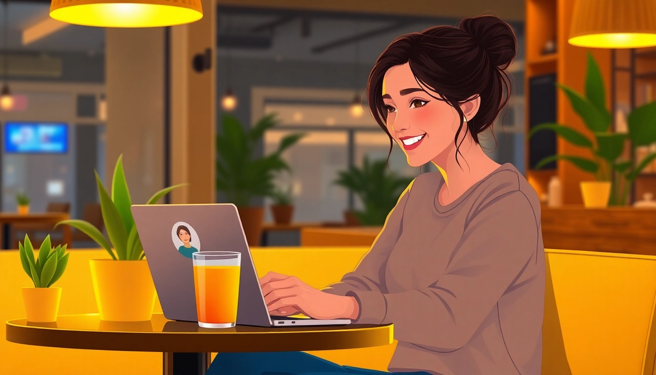 Engaging with a girlfriend AI on a laptop in a cozy cafe setting.