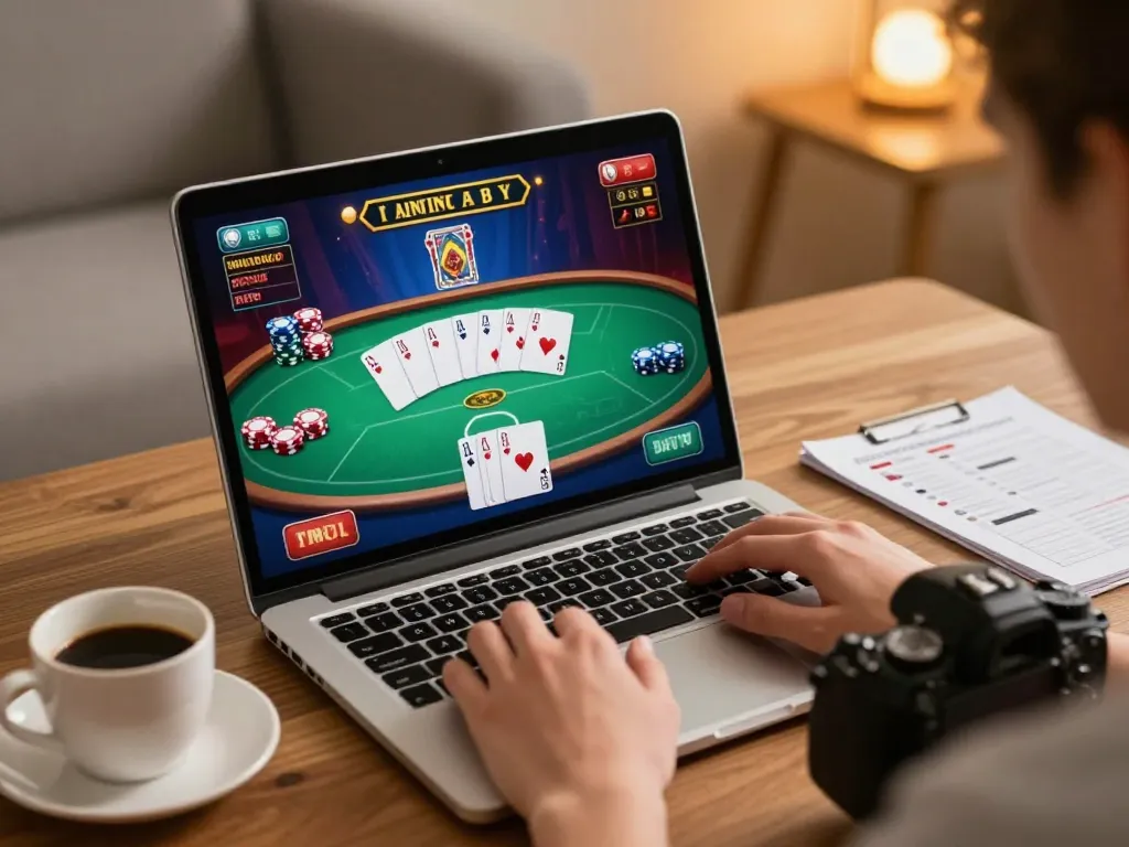 Player engaging in online casino gameplay on trang chủ okwin with lively poker interface and cozy setup.