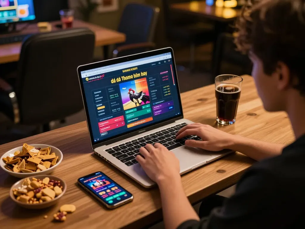 Xem đá gà Thomo hôm nay trên laptop trong phiên cá cược trực tuyến với không khí thu hút