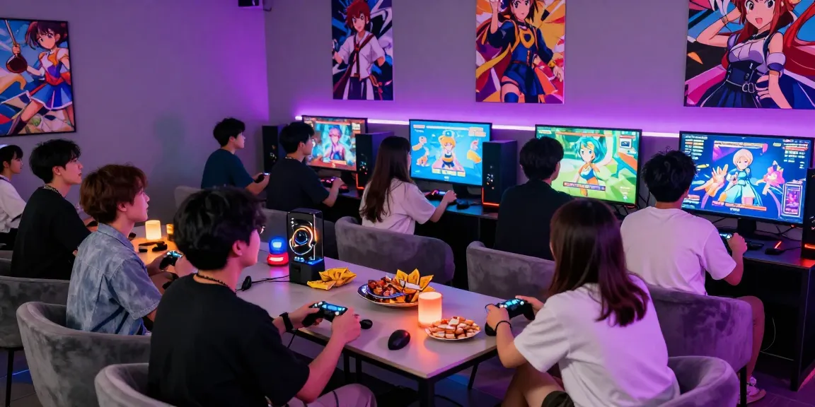 Friends enjoying hentaigame session in a vibrant gaming lounge