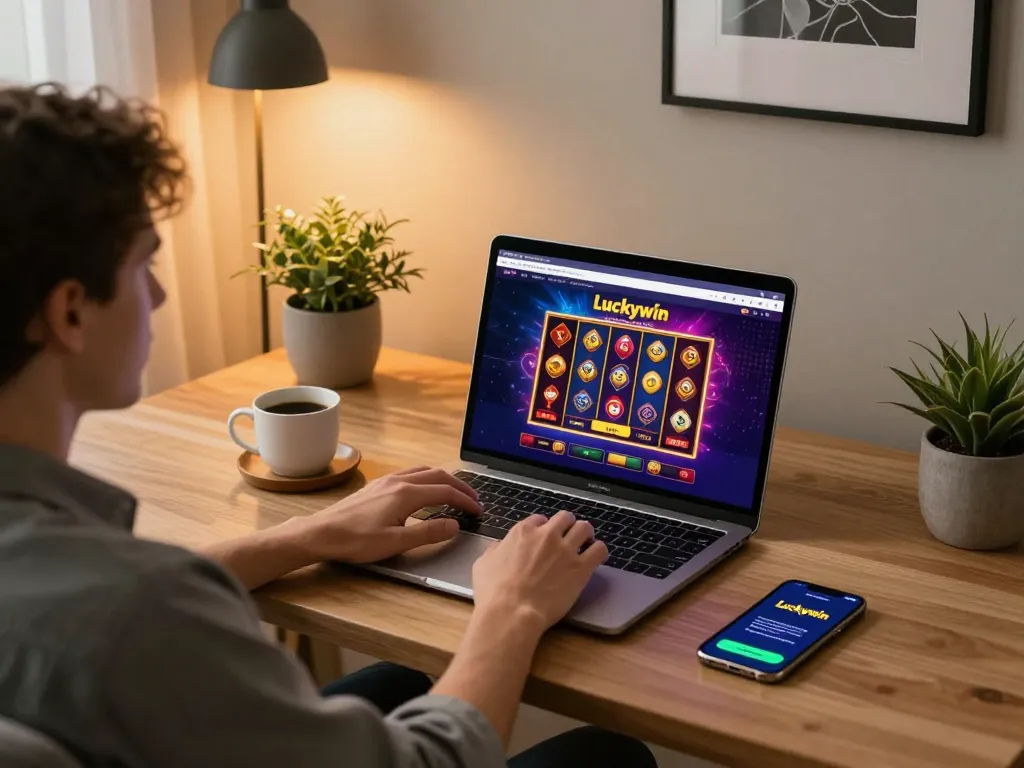 Player navigating the Luckywin online casino interface on a laptop, showcasing an engaging gaming experience