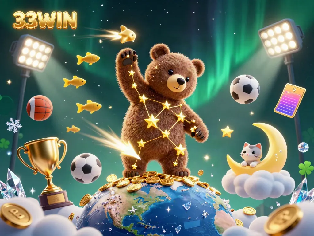 33WIN constellation bear collects coins in a dynamic casino-themed 3D scene with sports elements.