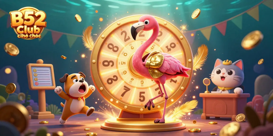 Experience the excitement of B52 Club chính thức as the game show host flamingo spins a golden prize wheel with an excited bulldog contestant.