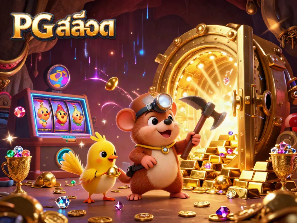 Spin PG สล็อต reels with treasure hunter mole and gems amidst vibrant casino vibes.