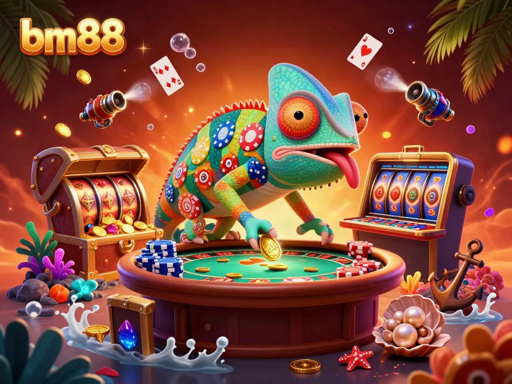 Experience the vibrant casino world with bm88's chameleon mascot, spinning slot reels, and gold coin rewards.