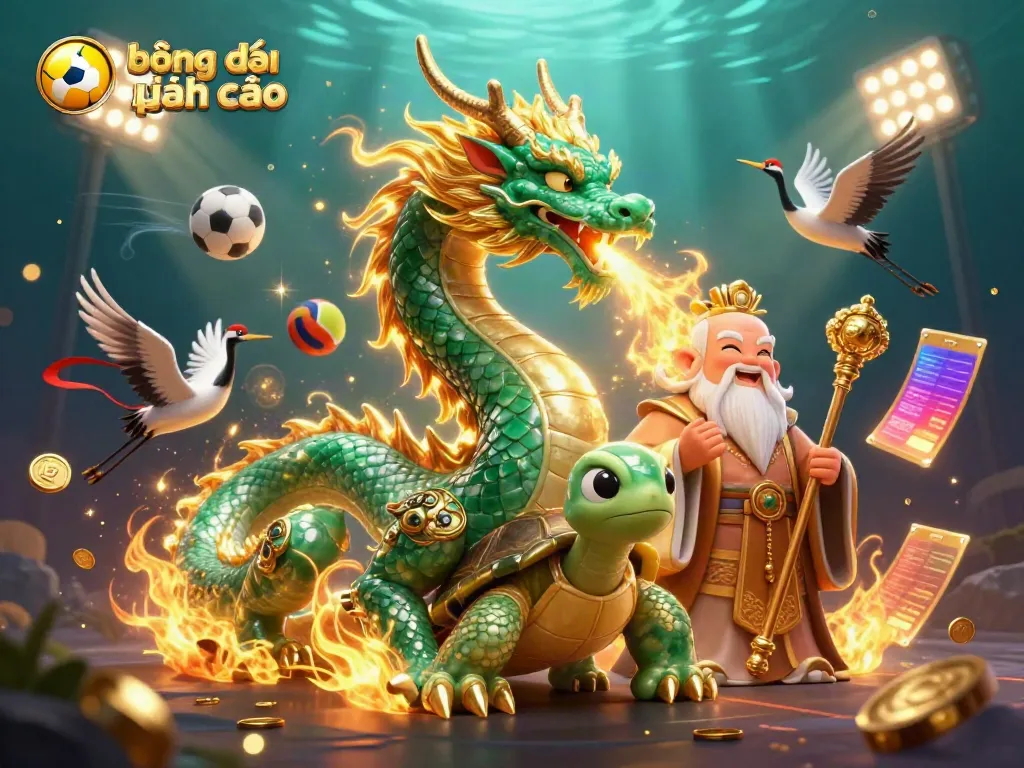 Engage with the immersive scene of bóng đá kèo nhà cái featuring a majestic dragon and dynamic sports elements.