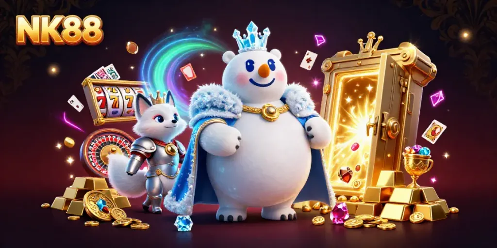 Experience thrilling gameplay at NK88 with a vibrant 3D illustration featuring an ice king polar bear and treasure elements.