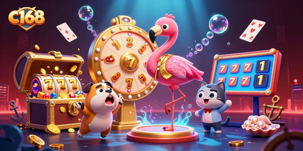 c168 enhances the excitement with a lively cartoon scene of gaming characters and slot elements.
