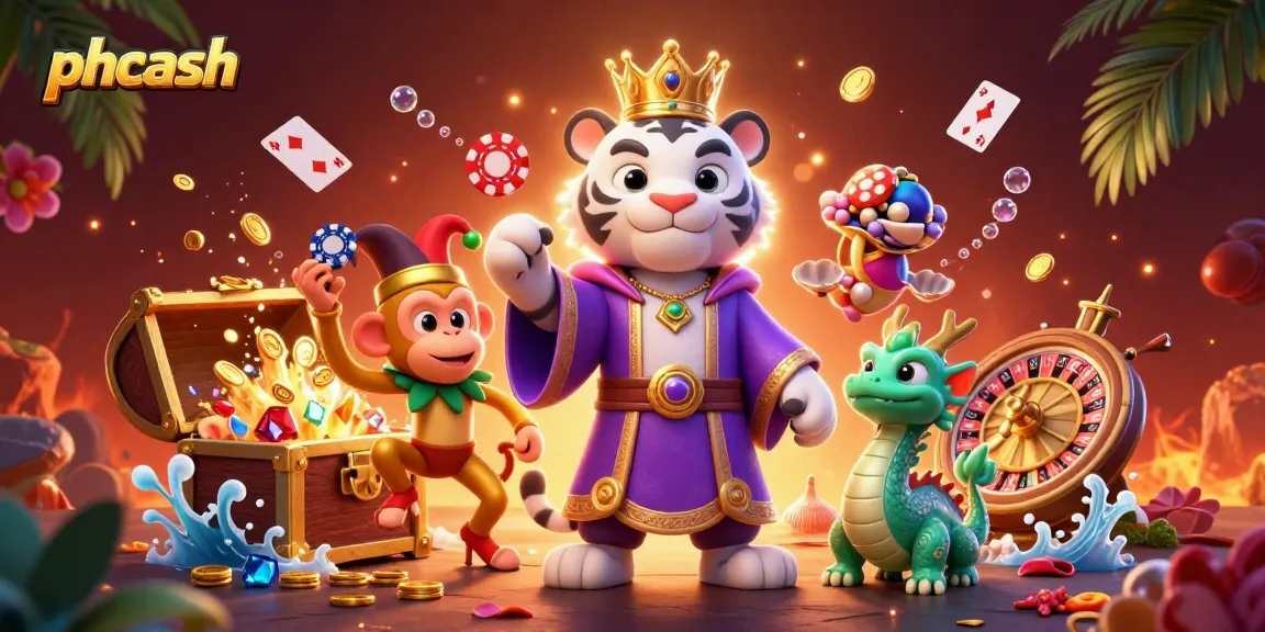 Win with phcash: Play thrilling casino games, featuring a lively scene with a tiger, monkey, and dragon.