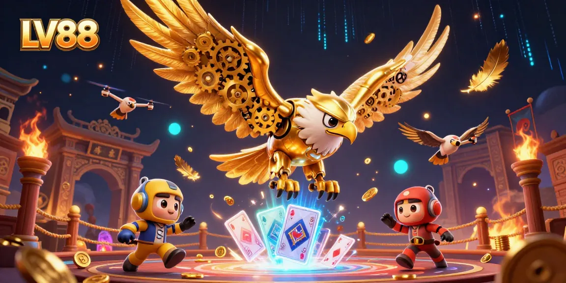 LV88 showcases an exhilarating scene with a cybernetic eagle diving through holographic cards amidst thrilling casino elements.
