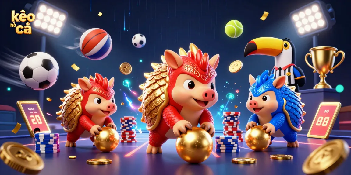 Engage with kèo nhà cái in a lively scene featuring rival pangolins rolling into golden balls and chips.