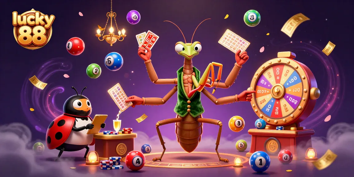 Join the thrilling action with lucky 88 as a praying mantis card sharp and ladybug pit boss in a dynamic casino scene.