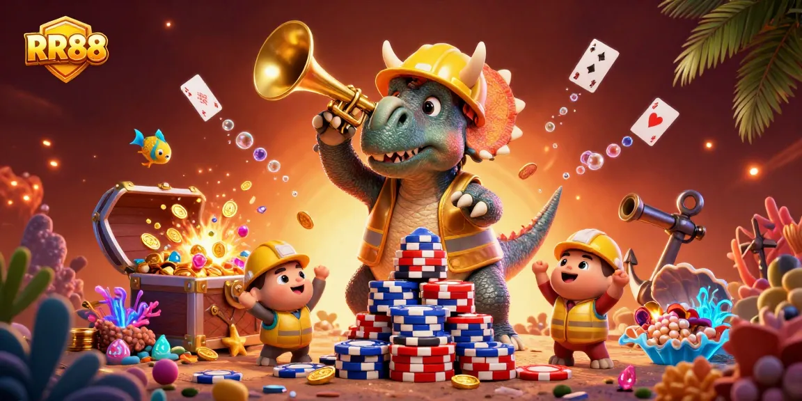 RR88 brings thrilling gaming to life with a vibrant celebration of poker chips and playful characters.