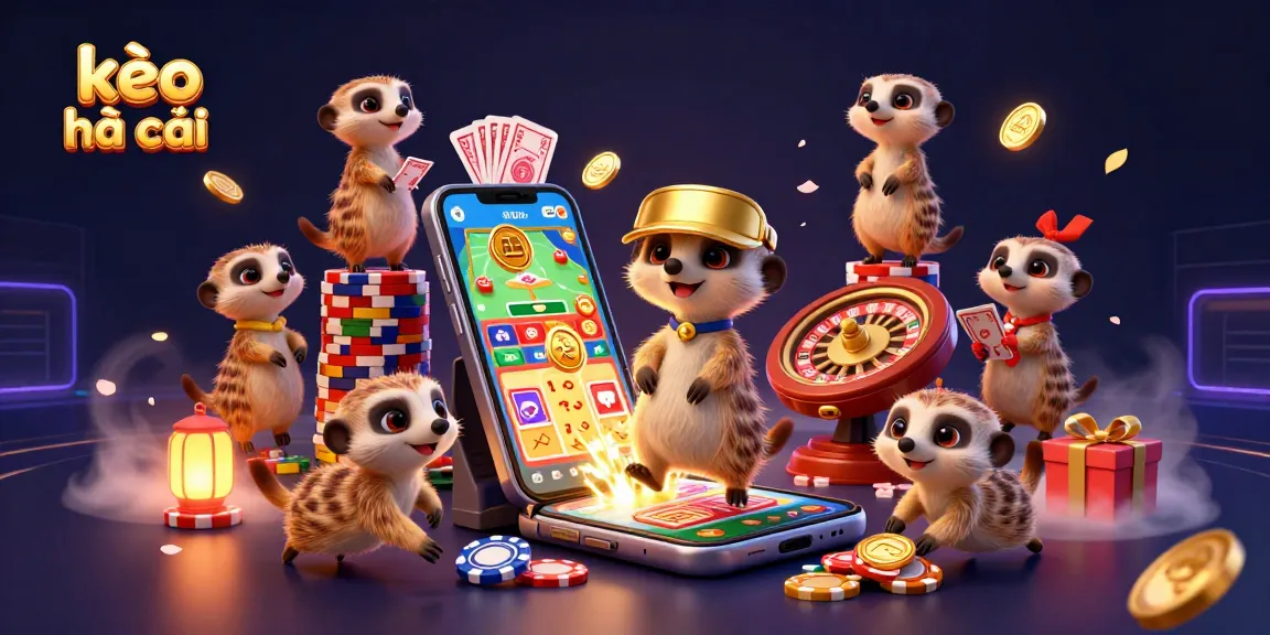 Engage with kèo nhà cái in a vibrant sports betting scene featuring playful meerkats bustling around.