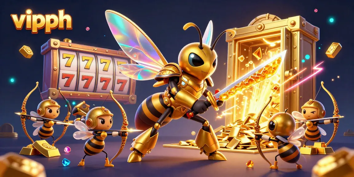 Venture into exciting VIPPH gaming featuring vibrant slot reels and a mystical golden hornet.