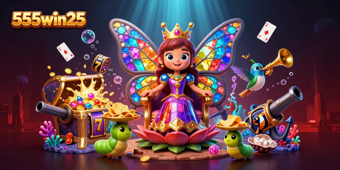 Engage with 555win25's vibrant casino world featuring animated butterfly queen, slot reels, and gleaming treasures.