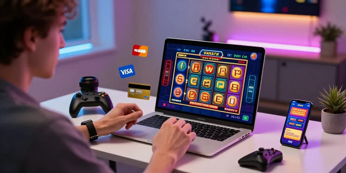 Player enjoying credit card casinos on laptop with vibrant slot graphics and gaming atmosphere.