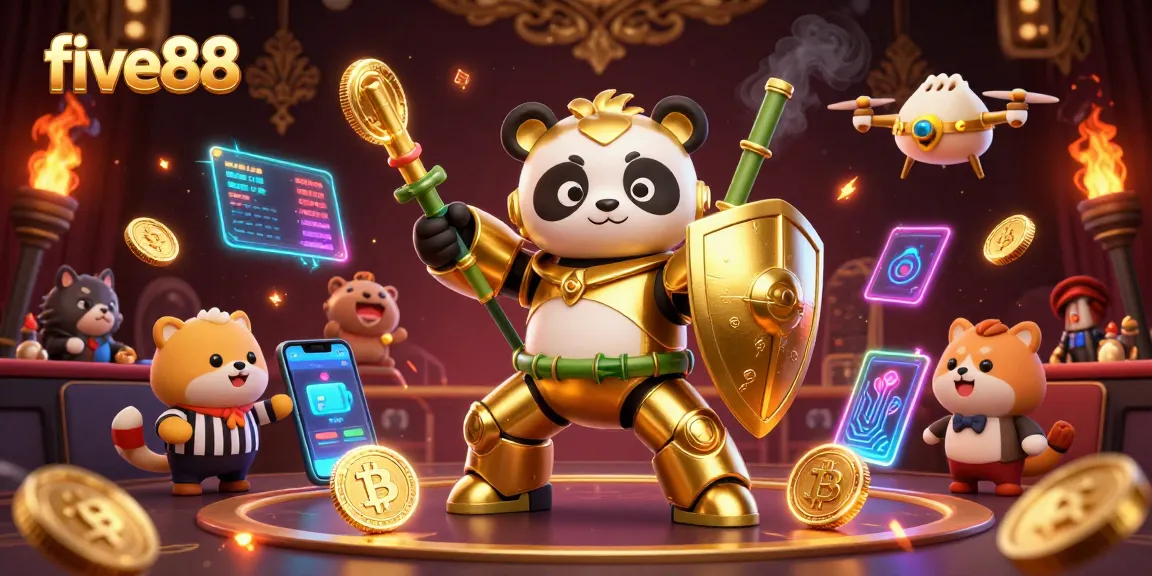 Experience the excitement of five88 with dynamic casino-themed 3D illustration featuring crypto coins and vibrant characters.
