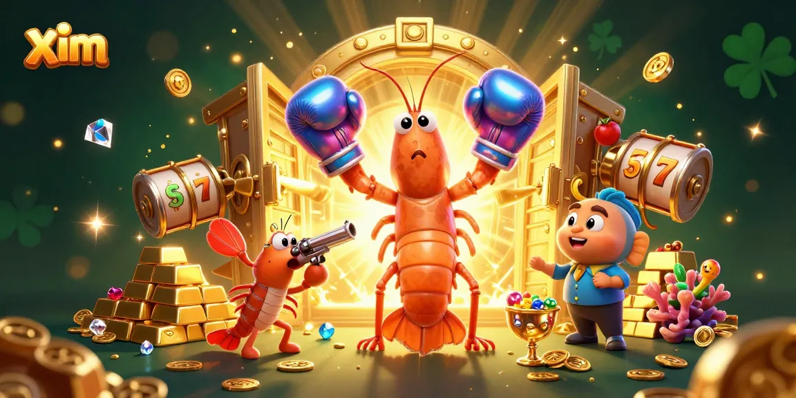 Play slots at xim with 3D cartoon shrimp boxers in a dynamic treasure scene!