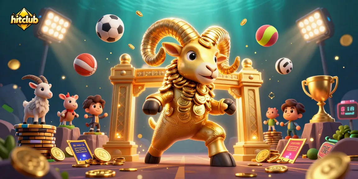 Hitclub's dynamic gambling scene with golden ram, sports symbols, and festive atmosphere