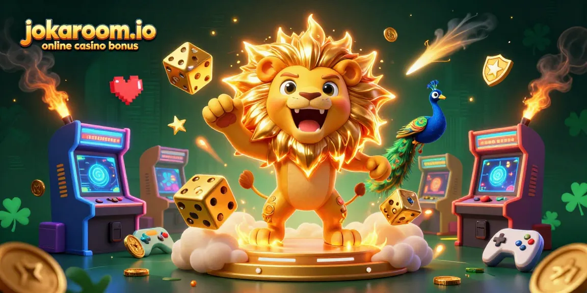 Experience the exciting jokaroom.io online casino bonus with vibrant gambling elements in a 3D illustration.