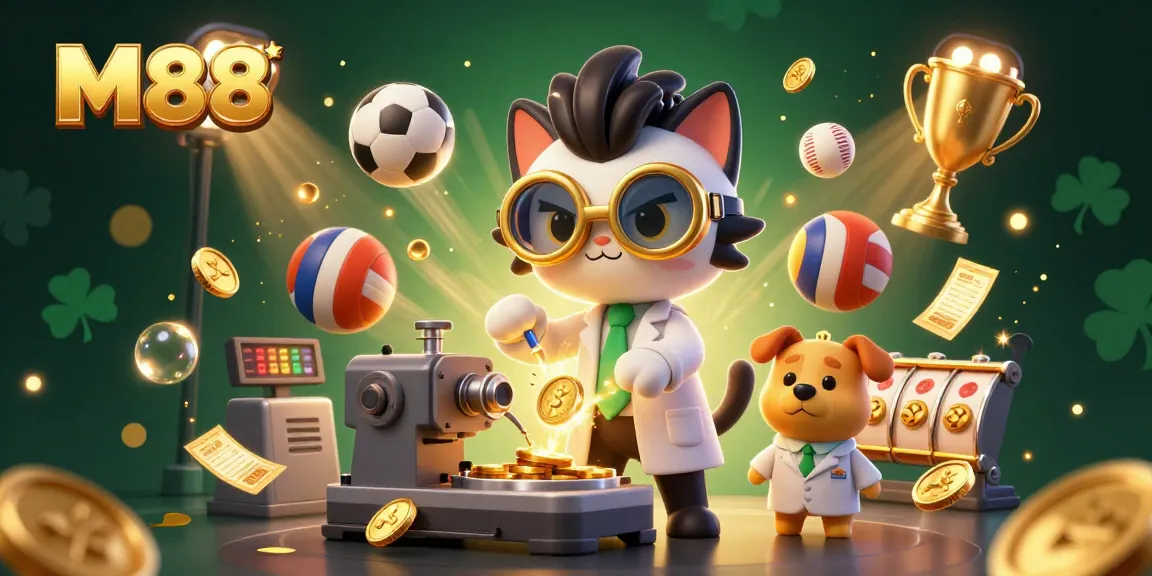 M88 offers an exciting view of mad scientist cat and dog as they create a coin replication machine, symbolizing online gaming.