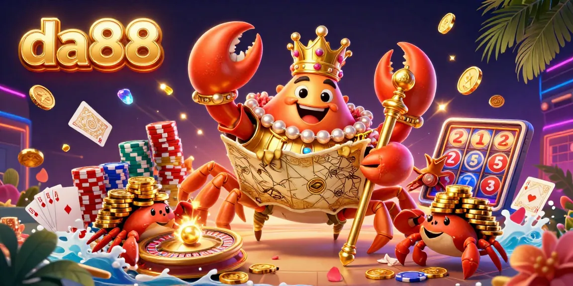 Experience da88 with a vibrant 3D scene of a golden crab emperor beside stacked poker chips and flying coins.