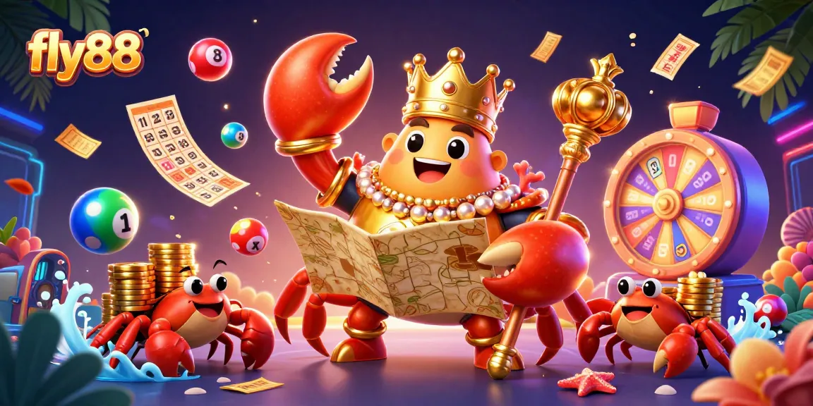 Experience the vibrant world of fly88 with a golden crab emperor surrounded by lottery and bingo elements.