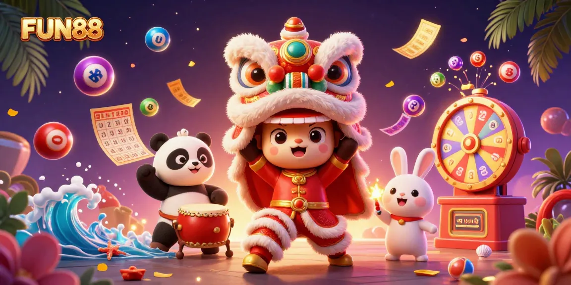 Experience fun and excitement at FUN88 with vibrant illustrations of a lion dance and lucky lottery elements.