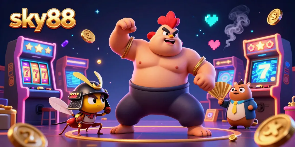 Experience sky88's thrilling casino world with a roaring sumo wrestler and a fierce cricket amidst vibrant slot reels.