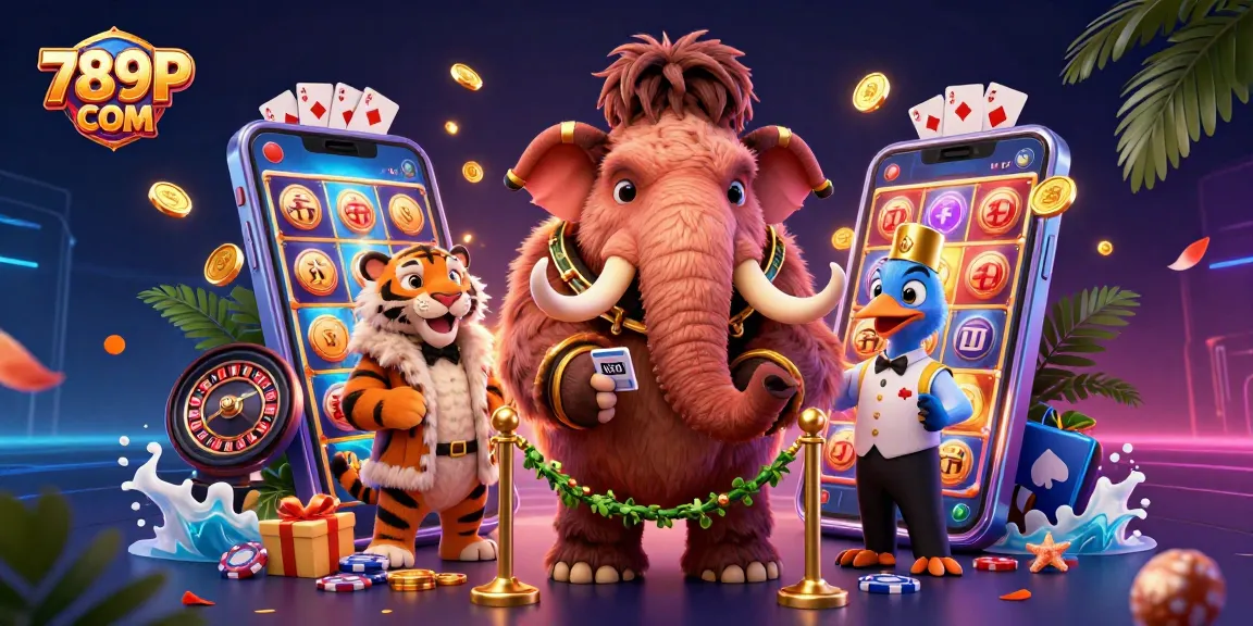Engage with 789P COM at a vibrant casino scene featuring a woolly mammoth bouncer and a saber-tooth tiger VIP.