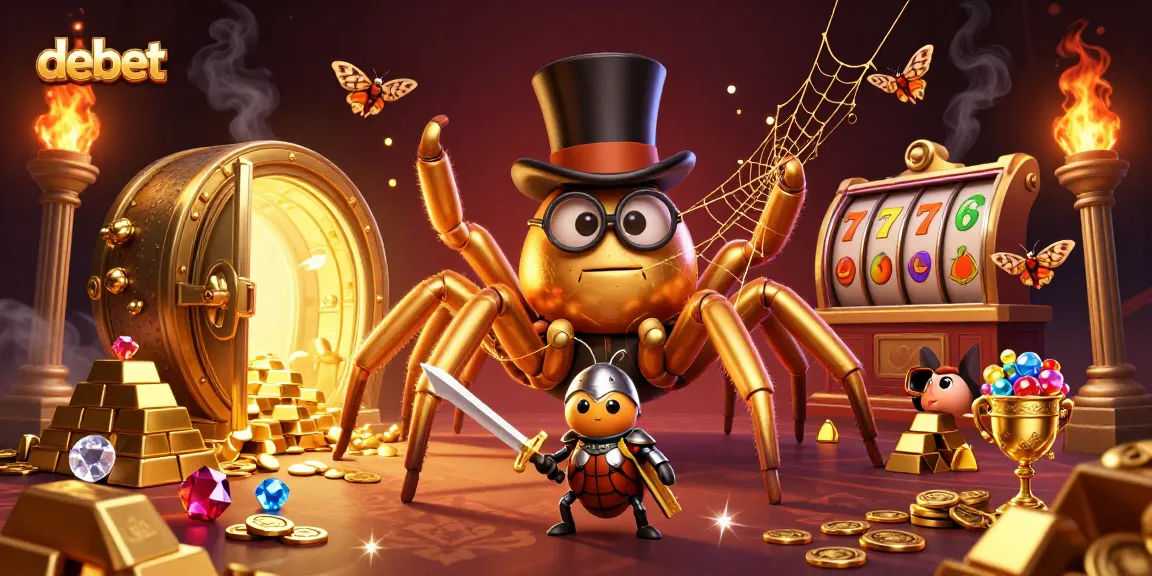 Engage with debet's vibrant slot scene featuring characters and golden treasures.