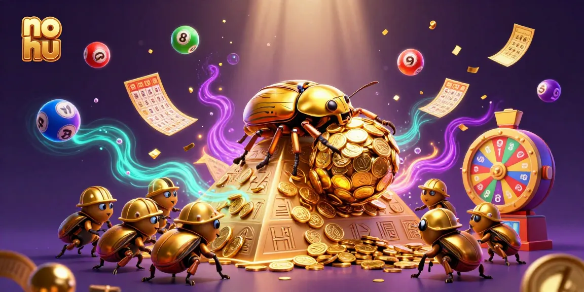 No hu showcases a golden dung beetle rolling a coin ball in a vibrant casino-themed scene.