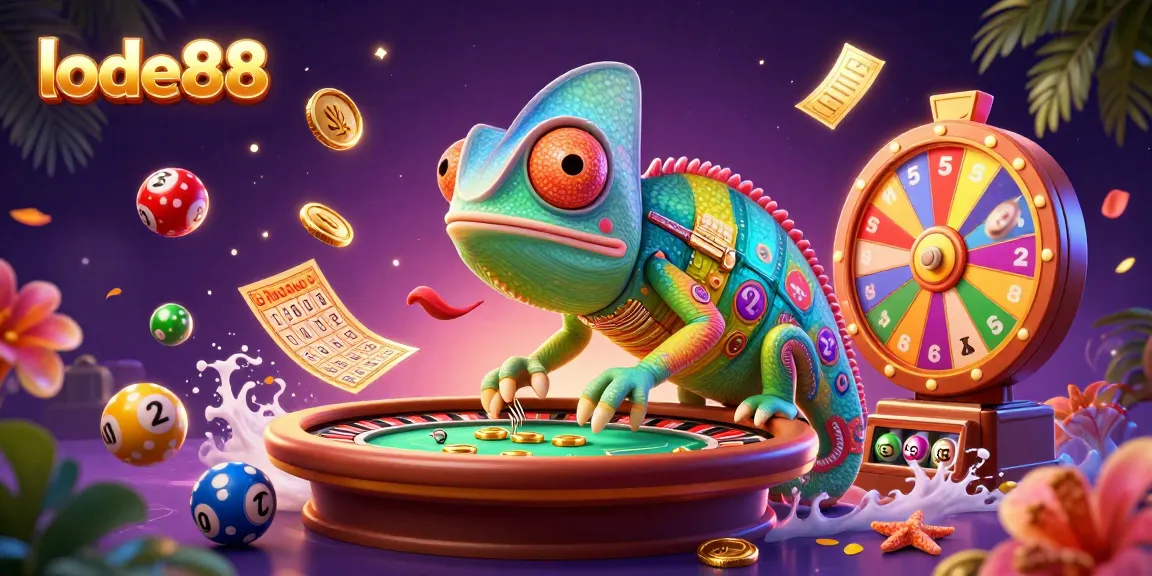 Win big at lode88 with vibrant lottery balls and a charming chameleon casino owner!
