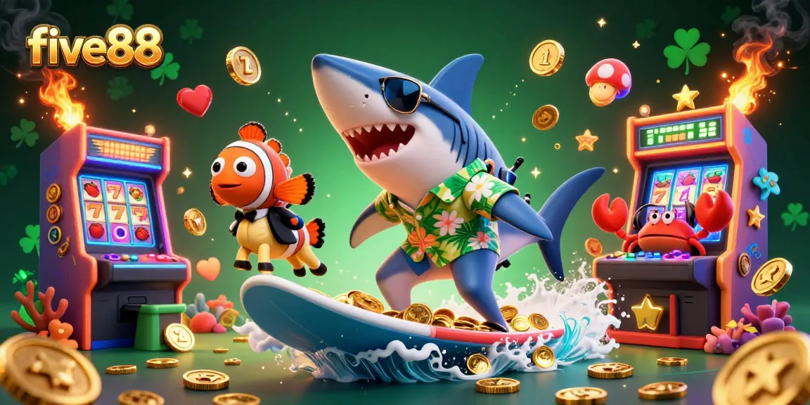 Experience the excitement of five88 casino with a vibrant scene featuring a shark, clownfish, and DJ crab amid gold coins.